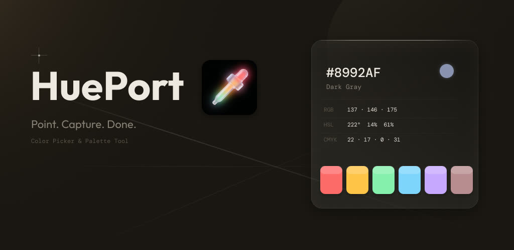 HuePort app screenshot showing a live camera color capture with HEX, RGB, HSL and CMYK values and a saved color palette